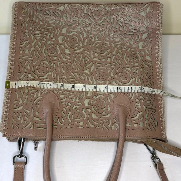 Roberto Pancani Laser Cut Leather Tote Satchell Crossbody | Tan Peach Italy - Picture 12 of 14